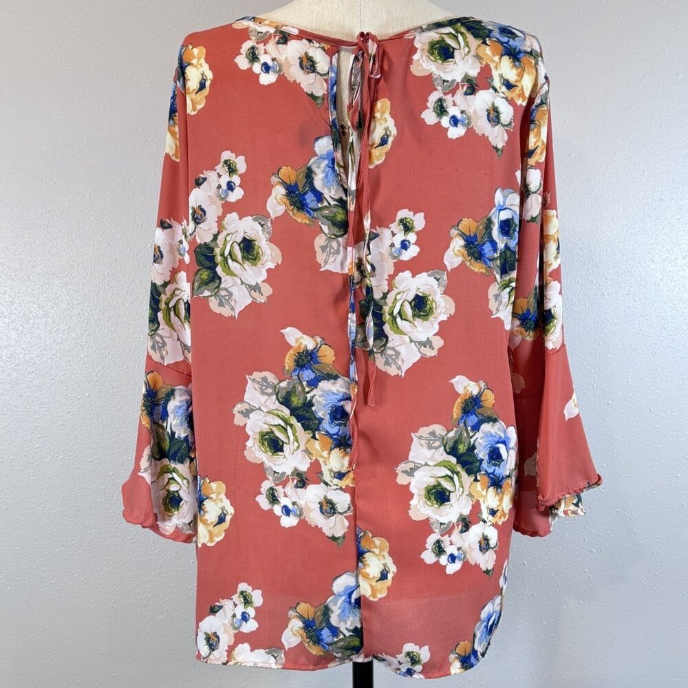 Zenobia Tunic Top Womens Coral Floral Bell Sleeve Boat Neck Tie Closure 3XL NWT - Picture 2 of 14
